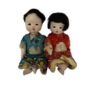 Antique Japanese Ichimatsu Gofun Composition Boy Girl Dolls Kimono Red Blue 8 in